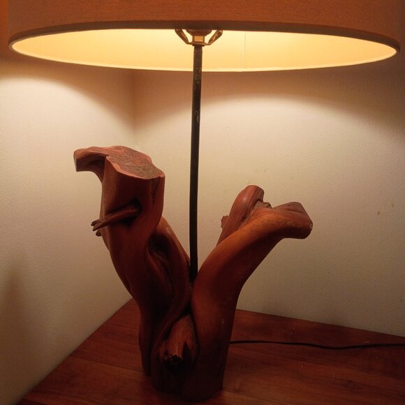 MID CENTURY Handmade Cypress Knee Table Lamp w Drum Lampshade 1950s *WORKS* - Picture 2 of 15